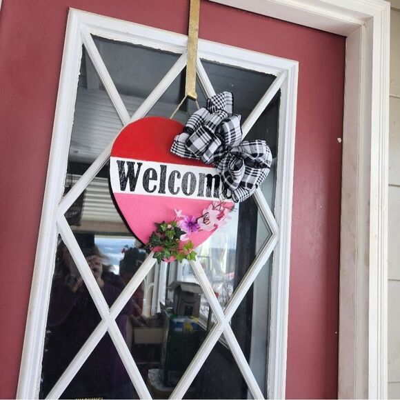 Entryway Heart Shaped Welcome Sign Wooden Floral Decoration 12 Inch Front Door - Picture 11 of 14